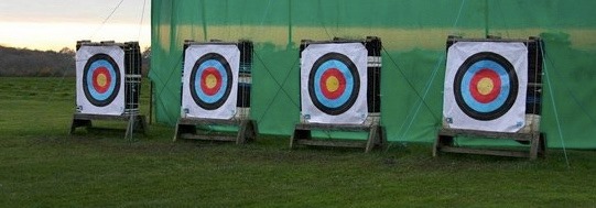 A line up of archery targets in a field.