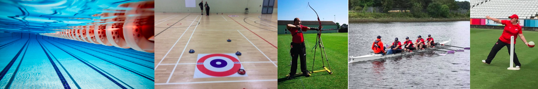 A banner of sports images showing from left to right, a swimming pool, some stones near a target on the floor, a man aiming a bow and arrow, five men and women in a rowing boat on the water, and a woman taking aim to bowl in cricket.